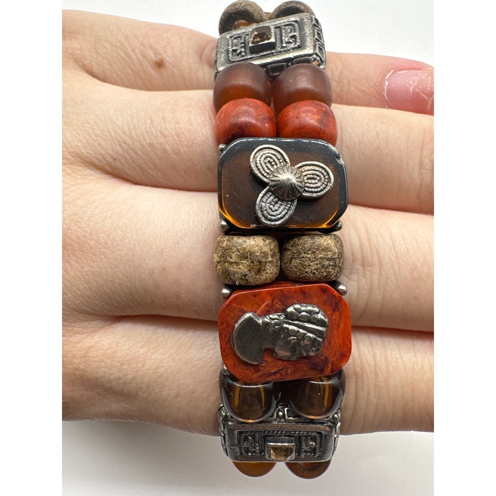 Bohemian Mixed Media Stretch Bracelet Silver Cameo Wood Resin Beads Brown Orange - Picture 2 of 7